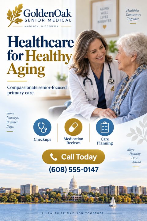 A flyer for GoldenOak Senior Medical in Madison, Wisconsin. It features a photo of a smiling female doctor with a stethoscope talking to an elderly woman. Below are icons for Checkups, Medication Reviews, and Care Planning. A large 'Call Today'.