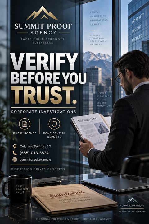 A flyer for a corporate investigations agency featuring a man in a suit reading a document in a high-rise office. The text reads 'Verify Before You Trust. Corporate Investigations.'