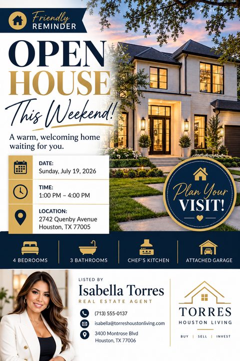 Real estate open house flyer template with a large photo of a modern two-story house at twilight. Features navy blue and gold text, event details, property features, and agent contact information.