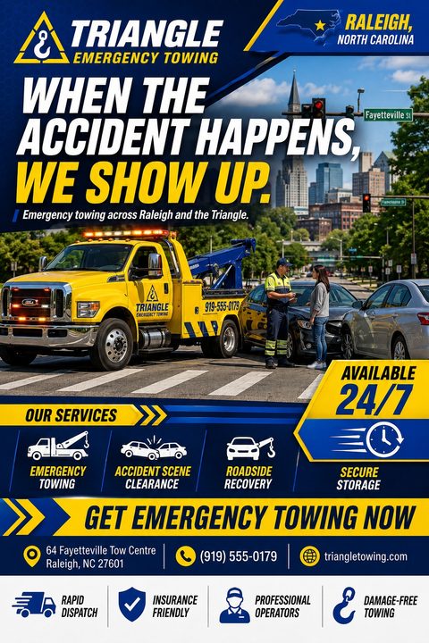 A bold blue and yellow towing service flyer featuring a large photo of a yellow tow truck at an accident scene, with angled text banners and icons highlighting emergency roadside services.