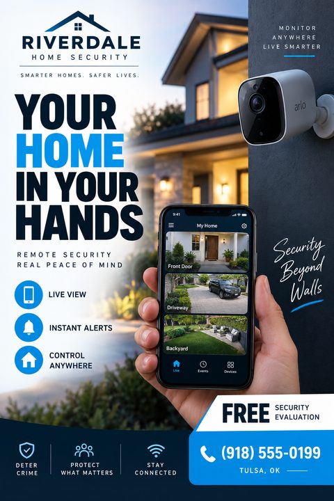 Flyer for home security services featuring a hand holding a smartphone displaying security camera feeds, with a security camera mounted on a wall in the background.