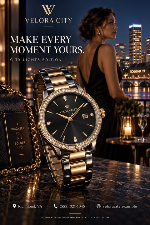 A luxury watch flyer featuring a close-up of a gold and silver watch with a diamond bezel. In the background, a woman in a black dress stands on a balcony overlooking a city skyline at night. Text reads 'Make Every Moment Yours. City Lights Edition.'