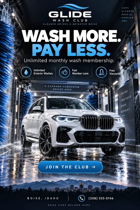A dark blue car wash flyer featuring a white SUV inside an automated wash tunnel with blue spinning brushes and water spray. Bold text promotes an unlimited monthly membership above a city skyline silhouette.