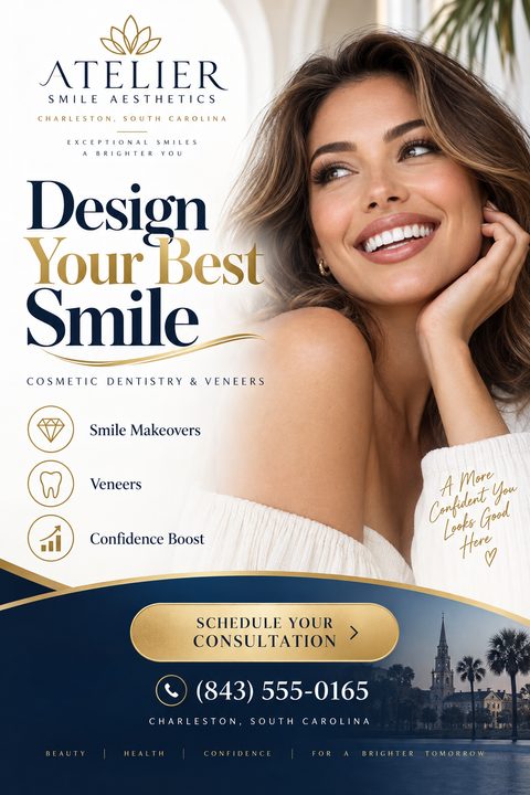 A flyer for a cosmetic dentistry clinic featuring a smiling woman with perfect teeth, a list of services like smile makeovers and veneers, and a call to action to schedule a consultation.