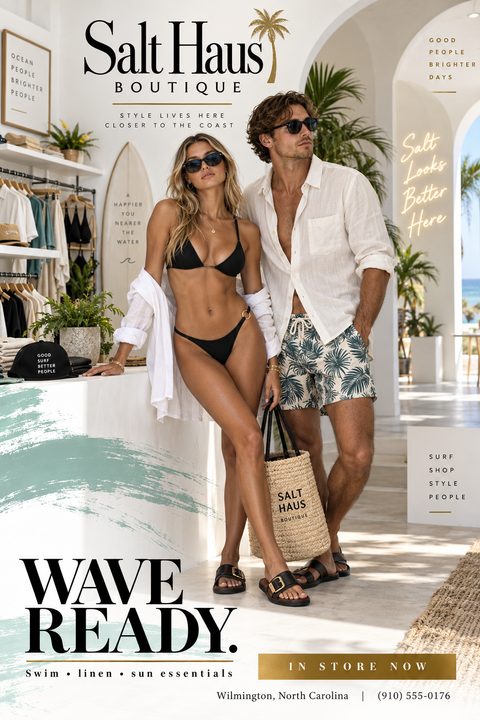 A bright, airy fashion flyer featuring a couple in stylish beachwear standing in a coastal boutique. The design includes elegant serif text, gold accents, and a large teal brushstroke graphic.