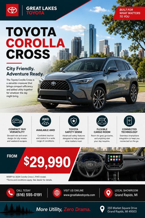 A car sales flyer featuring a dark gray SUV parked in a city park. The flyer includes a large title, key features with icons, a price tag, and contact information.