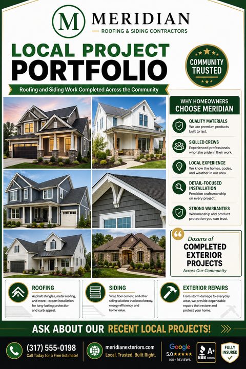 A flyer for Meridian Roofing & Siding Contractors titled 'Local Project Portfolio'. It features a grid of six photos showing different houses with new roofs and siding. A sidebar lists reasons to choose them, and the bottom details their services.
