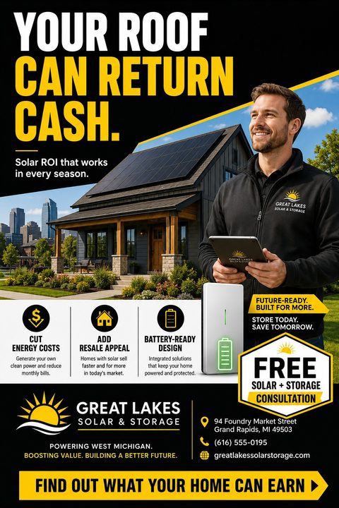 Flyer for a solar company featuring a smiling man holding a tablet in front of a house with solar panels. Text reads 'Your Roof Can Return Cash' and 'Free Solar + Storage Consultation'.