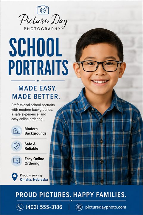 A school photography flyer featuring a smiling boy in glasses and a blue plaid shirt. It includes bold blue text, service icons, and contact details at the bottom.