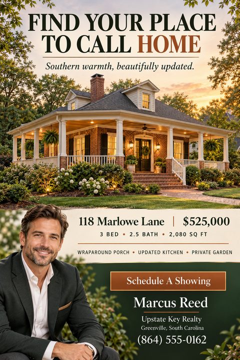 A real estate flyer with a large photo of a brick house with a wraparound porch at sunset. Below is the property address, price, and details. A photo of a male real estate agent is on the bottom left, next to a 'Schedule A Showing' button and his.