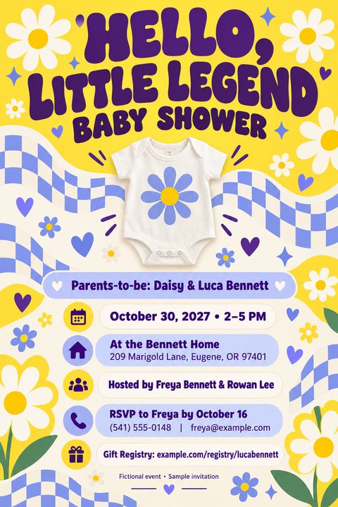 A retro-themed baby shower flyer featuring a yellow background, blue and white checkerboard waves, white daisies, and bold purple bubble text reading Hello, Little Legend Baby Shower above a baby onesie.
