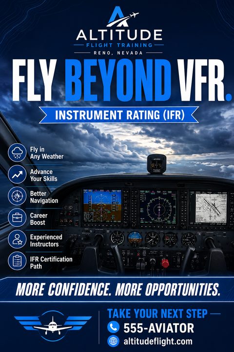 Flyer for Altitude Flight Training promoting Instrument Rating (IFR) courses. Features a view from an airplane cockpit looking out at cloudy skies, with a list of benefits like 'Fly in Any Weather' and 'Career Boost'.