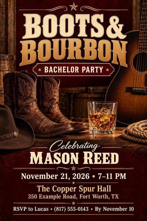 Rustic bachelor party flyer with a dark red background, featuring a pair of cowboy boots, a glass of bourbon on ice, a cowboy hat, a lasso, and an acoustic guitar.