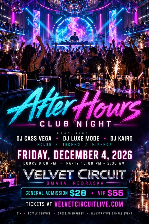 A vibrant nightclub event flyer featuring a background photo of a DJ performing to a cheering crowd under neon lights. Bold cyan and magenta text reads 'After Hours Club Night'.