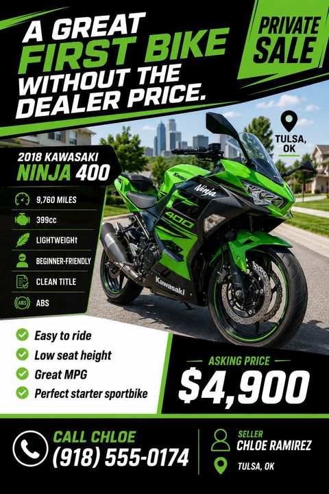 Flyer for a private motorcycle sale. A large photo of a green sportbike is featured, with a black and green angled design. Text includes 'A Great First Bike Without The Dealer Price', specs, asking price, and contact info.