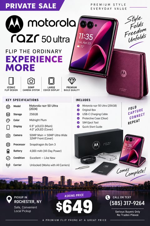 A flyer advertising a private sale for a smartphone. It includes photos of the phone, a list of key specifications, included accessories, asking price, and contact information, with purple accents.