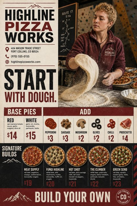 Rustic pizza menu flyer with a photo of a chef tossing dough. Below is a menu section for base pies, add-on toppings with small photos, and signature builds with photos of different pizzas.