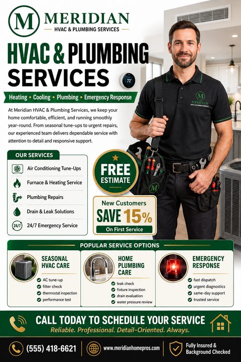 HVAC and plumbing services flyer template featuring a smiling technician with a tool bag, a list of services, a free estimate badge, and a 15% off discount for new customers.