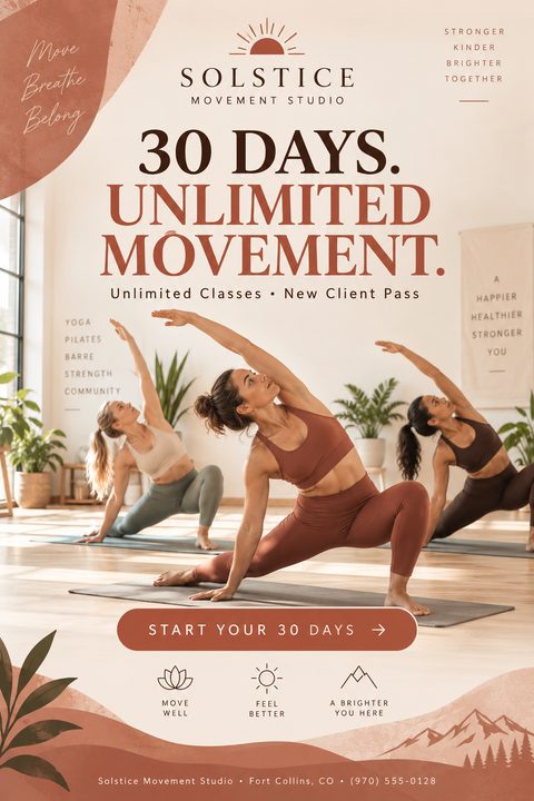 Flyer for Solstice Movement Studio offering 30 days of unlimited movement. Features three women doing a yoga pose in a bright studio with plants. Earthy brown and beige tones with minimalist icons.