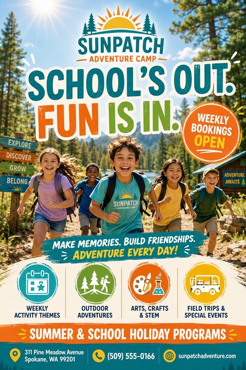 Flyer for Sunpatch Adventure Camp with the headline 'School's Out. Fun is In.' showing a group of diverse children running happily on a forest trail. Icons below highlight weekly themes, outdoor adventures, arts and crafts, and field trips.