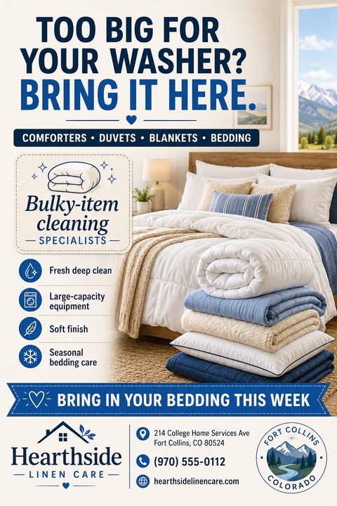 Flyer for a laundry service titled 'Too big for your washer? Bring it here.' with a photo of a neatly made bed and a stack of folded blankets and pillows.