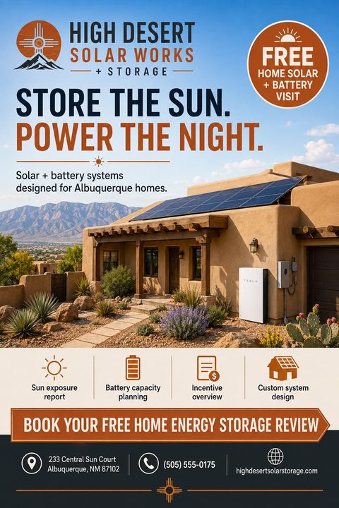 Flyer for High Desert Solar Works + Storage. Headline reads 'Store the sun. Power the night.' Features a photo of a southwestern-style home with solar panels and a Tesla battery. Includes icons for services and contact info.
