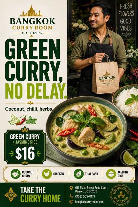 A split-layout takeaway flyer featuring a man holding a takeout bag, a bowl of green curry, bold green typography promoting a meal deal, and ingredient icons on a cream background.