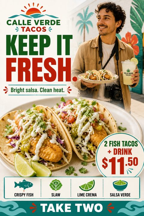 A bright taco shop flyer featuring a smiling man holding tacos, a large close-up of fish tacos, bold green and red text, a price bubble, and ingredient icons at the bottom.