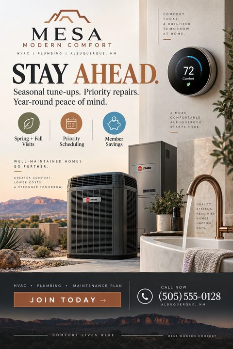HVAC and plumbing maintenance plan flyer featuring a desert landscape, an air conditioning unit, a furnace, a smart thermostat, and a running faucet. Text includes 'Stay Ahead' and 'Join Today'.