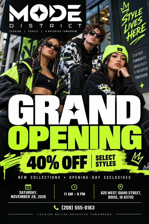 A fashion store grand opening flyer featuring three models in streetwear. Bold white and neon green text announces 'Grand Opening' and '40% Off' against a black background with grunge brushstroke accents.