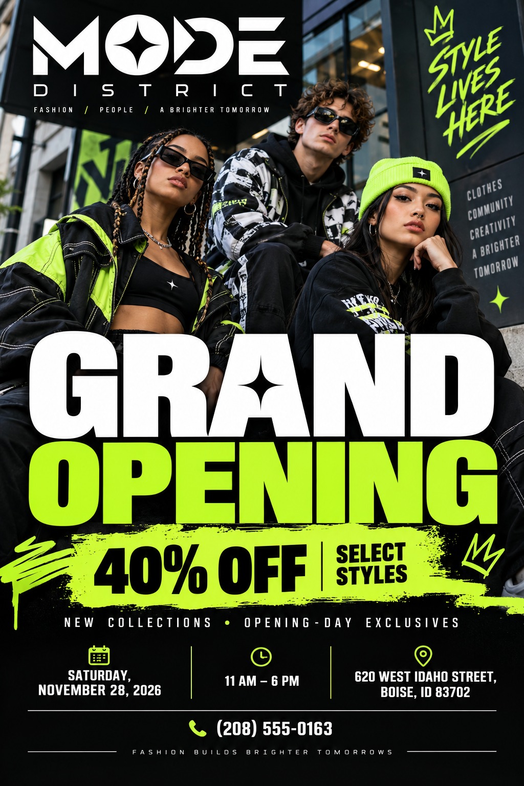 A fashion store grand opening flyer featuring three models in streetwear. Bold white and neon green text announces 'Grand Opening' and '40% Off' against a black background with grunge brushstroke accents.