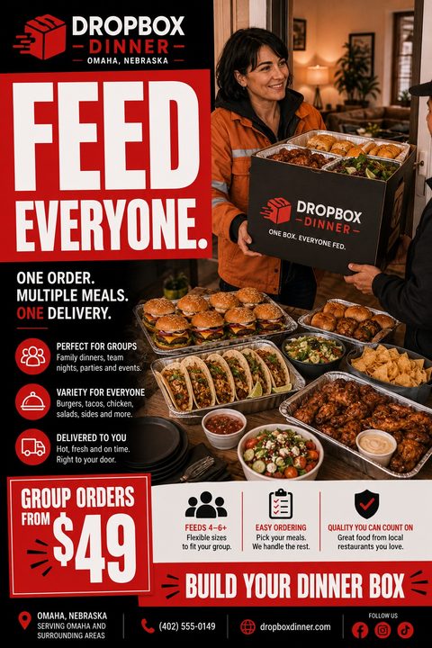 Flyer for a food delivery service titled 'Feed Everyone'. Features a photo of a woman delivering a large box of food and a spread of burgers, tacos, and chicken wings.