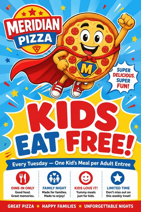 A colorful flyer with a cartoon pizza slice dressed as a superhero flying through the air. Large text reads 'KIDS EAT FREE!' with details about the offer below.