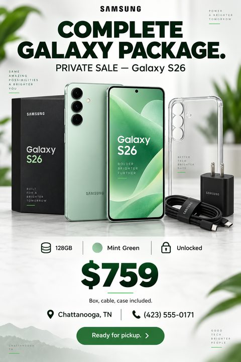 Flyer for a private sale of a mint green smartphone, showing the phone, box, case, and charger on a marble surface. Large text reads 'Complete Galaxy Package' and '$759'.