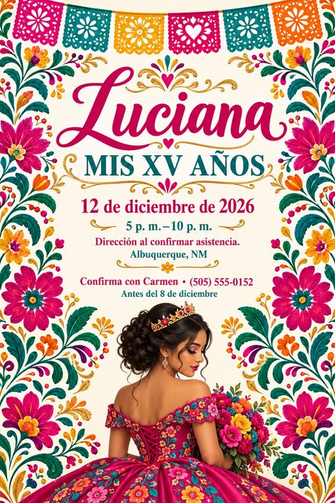 A vibrant Quinceañera invitation featuring colorful Mexican folk art flowers framing the edges, papel picado banners at the top, and an illustration of a young woman in a pink dress and tiara.