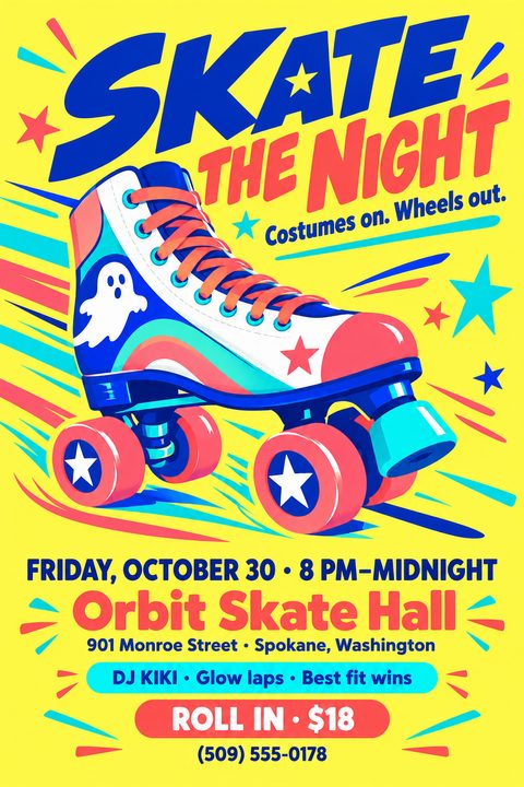Bright yellow flyer for a Halloween skate night featuring a colorful retro roller skate decorated with a ghost and stars, surrounded by dynamic speed lines.