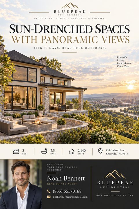 A real estate flyer template featuring a large photo of a luxury home with a patio overlooking a city at sunset. Below are property details, an agent photo, and contact information.