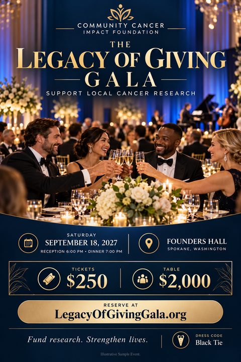 Elegant navy and gold flyer for a charity gala. The top half features a photo of people in formal wear toasting with champagne at a banquet. Below, text details the event date, location, ticket prices, and reservation website.