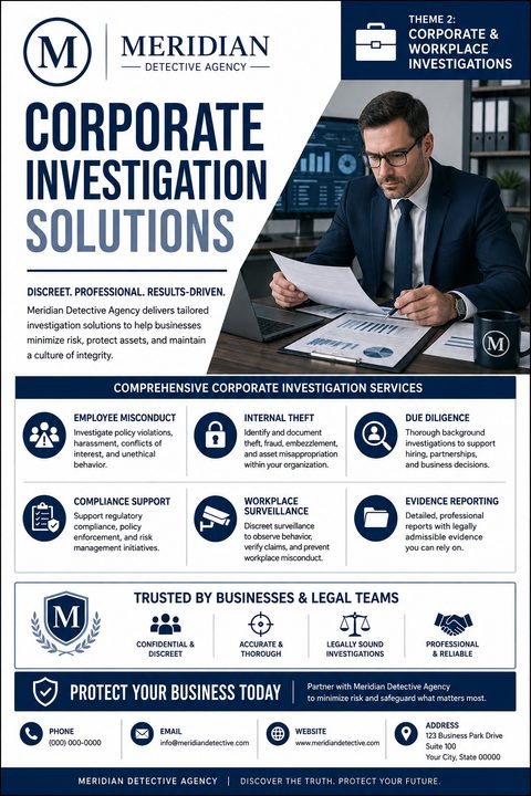 A corporate flyer for Meridian Detective Agency titled 'Corporate Investigation Solutions'. It features a photo of a man in a suit reviewing documents at a desk, alongside a list of comprehensive corporate investigation services with icons.