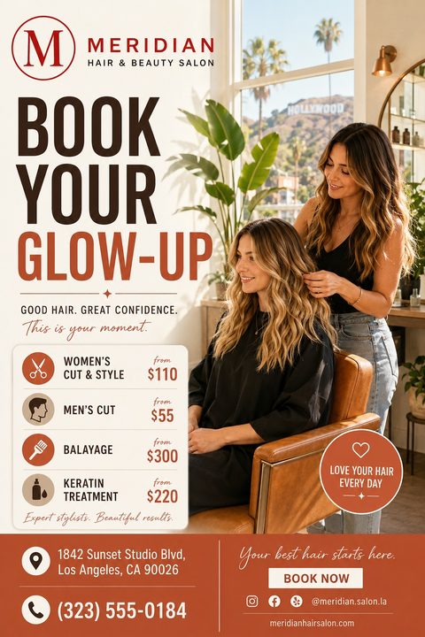 Modern hair salon flyer featuring a stylist styling a client's hair in a bright salon. Includes bold text 'Book Your Glow-Up', a service price list, and warm terracotta and brown accents.