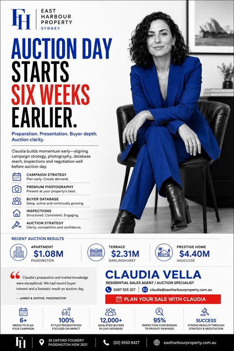 A professional real estate agent profile flyer featuring a large portrait of a woman in a blue suit. The layout includes bold blue and red text, service icons, recent sales results, and a client testimonial.