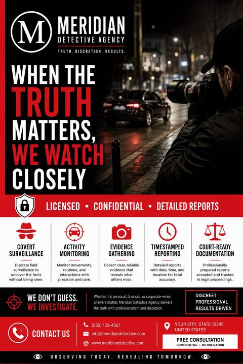 Flyer for Meridian Detective Agency featuring a photo of a person taking pictures of a car at night. Text reads 'When the truth matters, we watch closely.' Includes icons for services like covert surveillance and evidence gathering.