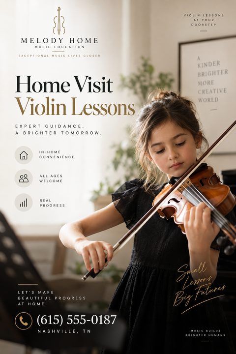 Flyer for Home Visit Violin Lessons featuring a young girl playing the violin. Text highlights expert guidance, in-home convenience, and all ages welcome. Includes a phone number and location.