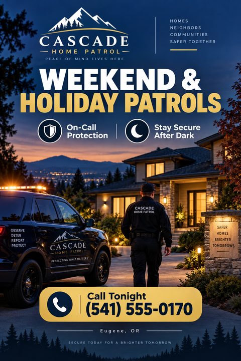 A home security flyer featuring a security guard walking towards a house at dusk, with a patrol car parked in the driveway. The text reads 'Weekend & Holiday Patrols'.