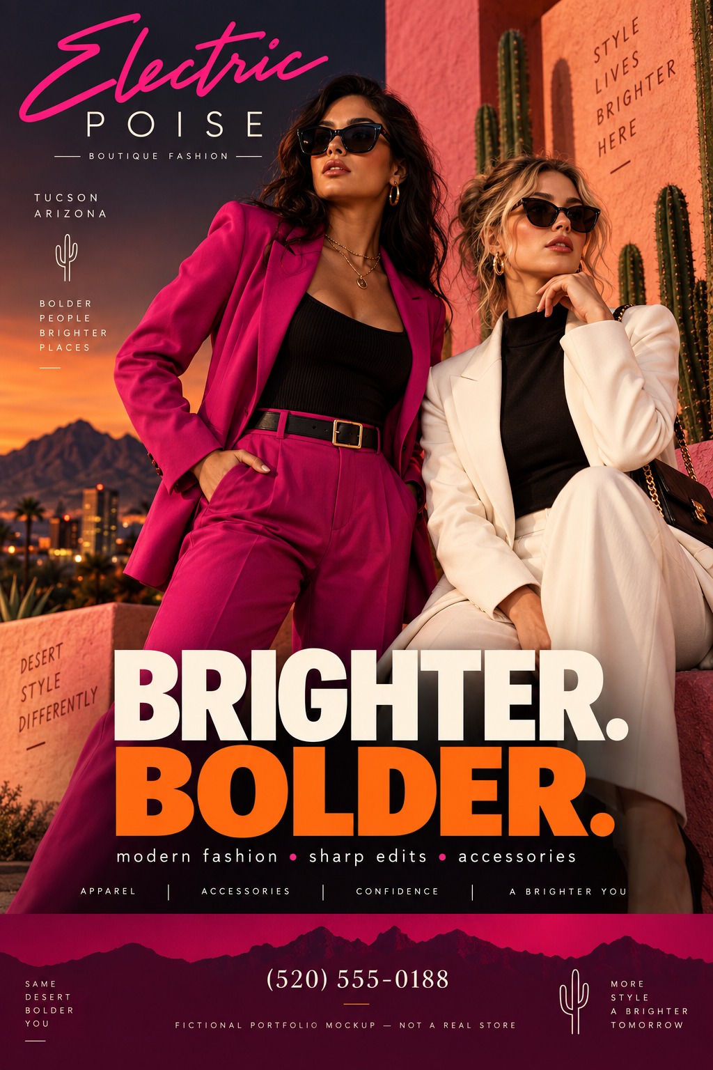 Fashion boutique flyer template featuring two women in stylish suits against a desert sunset background. Large text reads 'BRIGHTER. BOLDER.' with boutique details and contact info below.