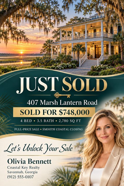 A real estate just sold flyer featuring a large photo of a coastal home at sunset, a dark green banner with gold text detailing the sale, and a real estate agent's headshot.