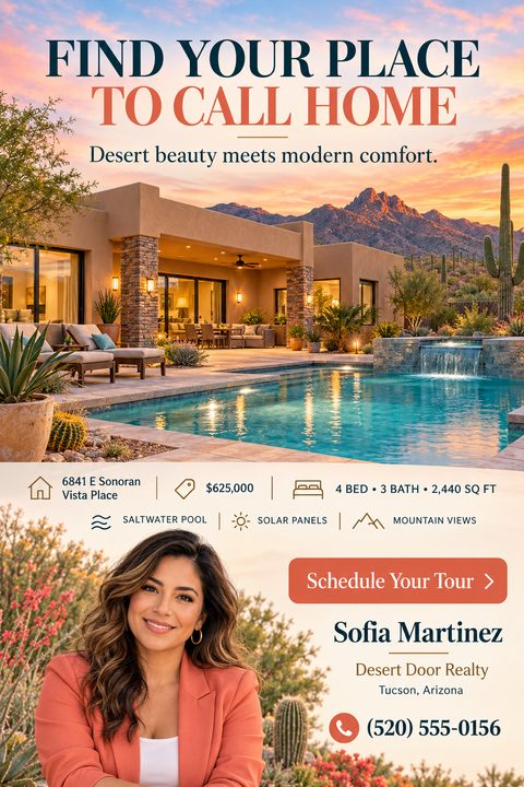 Real estate flyer featuring a large photo of a modern desert home with a pool at sunset. Below are property details, icons, and a real estate agent's photo with contact information.