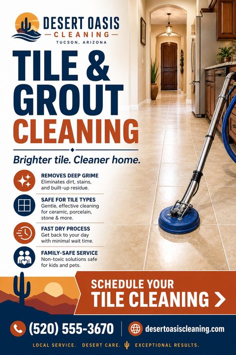 Flyer for tile and grout cleaning featuring a photo of a floor cleaning machine on a tiled hallway floor, with a desert landscape graphic at the bottom.