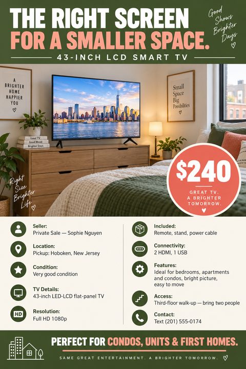 Flyer template for selling a TV. Top half shows a photo of a flat-screen TV in a bedroom with a large coral circle displaying the price. Bottom half lists details like seller, location, condition, and specs with icons.