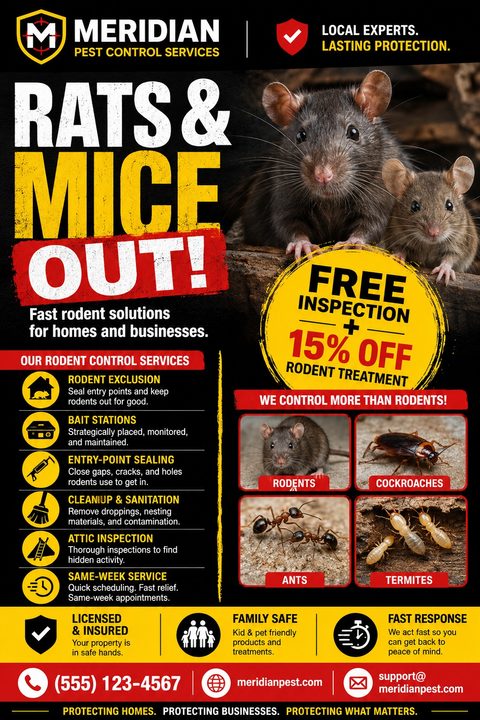 A pest control flyer with a black background, yellow and red accents, and photos of rats, cockroaches, ants, and termites. The headline reads 'Rats & Mice Out!' with a 'Free Inspection + 15% Off' offer.
